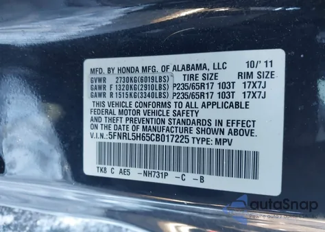 2012 Honda Odyssey Ex-L z USA, uszkodzony, nr VIN 5FNRL5H65CB017225
